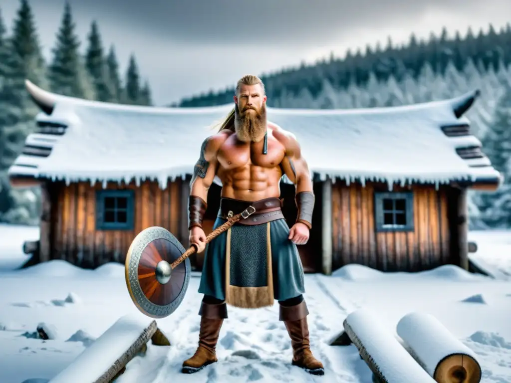 Vikingo entrenando con piedras en la nieve, rodeado de árboles nevados