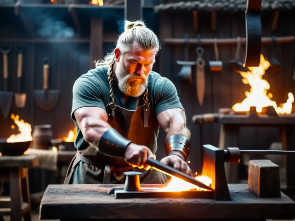 Un hábil herrero vikingo forja piezas en una forja artesanal de piezas vikingas