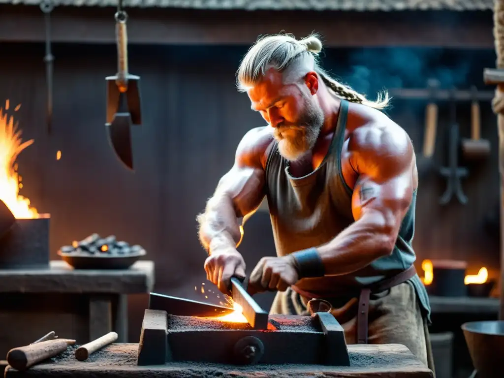 Un hábil herrero vikingo forja con precisión una herramienta agrícola en su taller, rodeado de brillosas brasas y herramientas antiguas