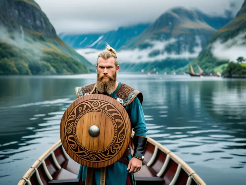 Vikingo moderno junto a un barco vikingo en un fiordo Un vikingo recreacionista junto a un drakkar en un fiordo neblinoso