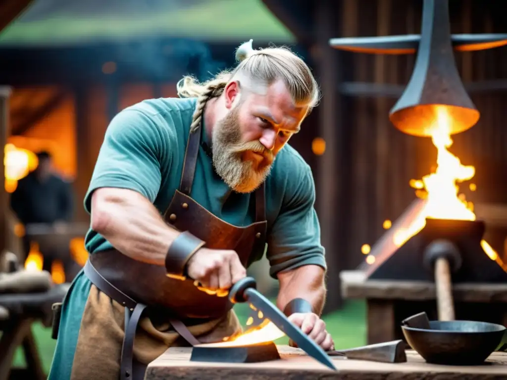 Un hábil herrero vikingo forja una réplica de hacha de batalla en su taller rústico