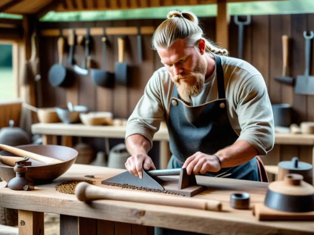 Un hábil herrero vikingo talla una herramienta agrícola en madera, rodeado de variedades de madera usadas por los vikingos