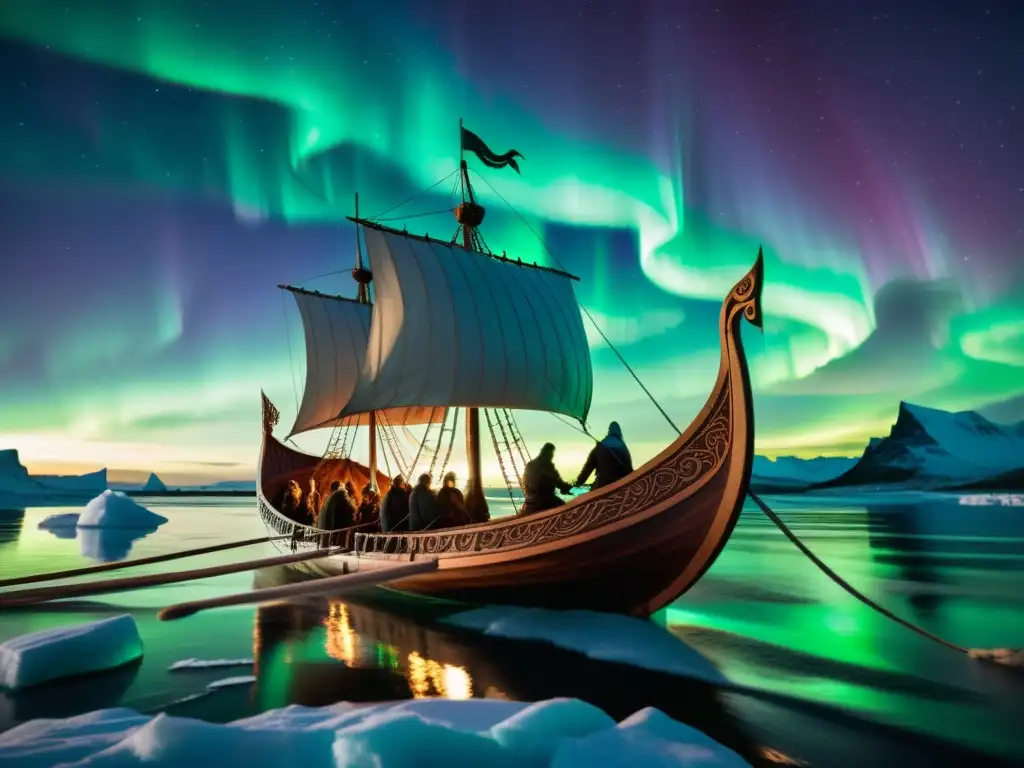 Un drakkar vikingo tallado navega en aguas nórdicas bajo la Aurora Boreal, con guerreros y un cuervo en el mástil