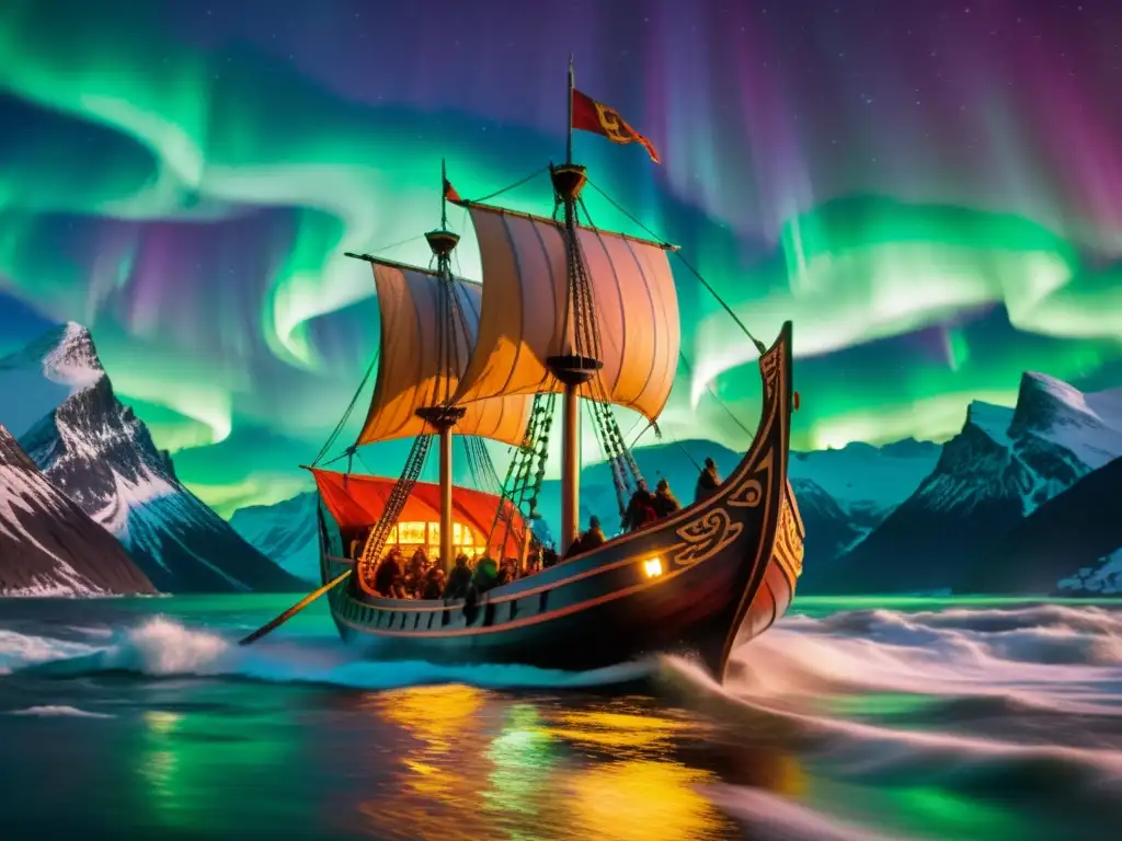 Un drakkar vikingo tallado navegando bajo la aurora boreal, con guerreros y runas