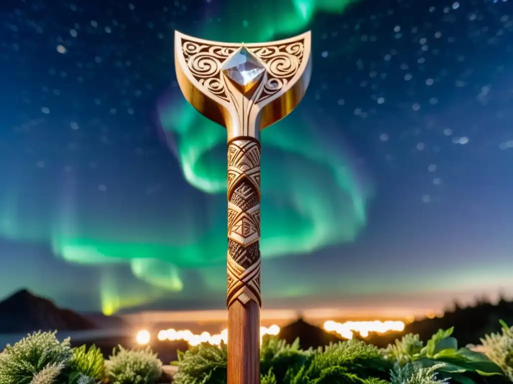 Un bastón vikingo tallado con una gema brillante, rodeado de hierbas curativas y símbolos rúnicos, bajo auroras boreales