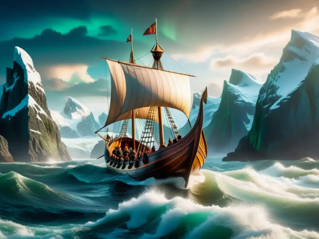 Un drakkar vikingo tallado navega en mares turbulentos bajo un cielo dramático, con guerreros nórdicos remando entre acantilados helados y una aurora boreal mística iluminando el horizonte, representando la mitología nórdica educación integral