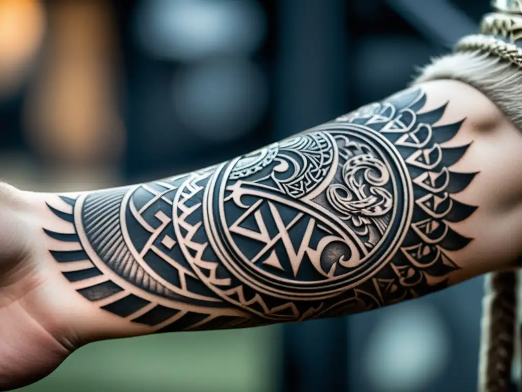 Un vikingo con tatuajes nórdicos detallados: Vegvisir, Yggdrasil, Valknut