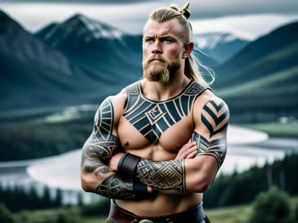 Vikingo con tatuajes y paisaje nórdico dramático