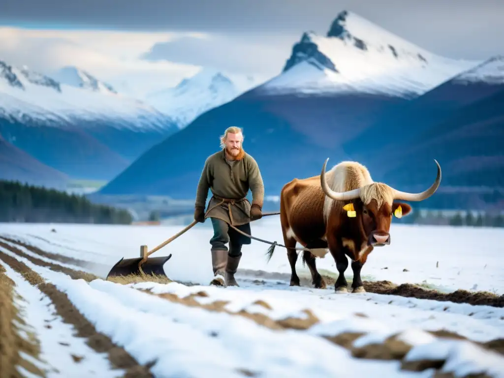 Vikingo cultivando la tierra nevada con bueyes y arado de madera, destacando las técnicas de agricultura vikinga en paisaje nórdico