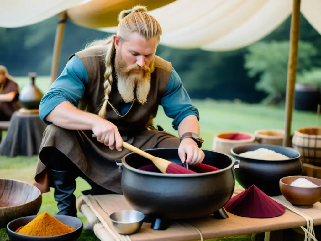 Vikingo tiñendo tela con técnicas tradicionales, rodeado de ingredientes naturales