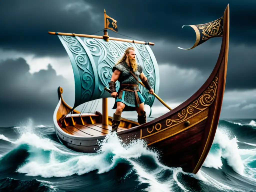 Vikingo navegando en tormenta en su drakkar, construcción épica videojuegos vikingos