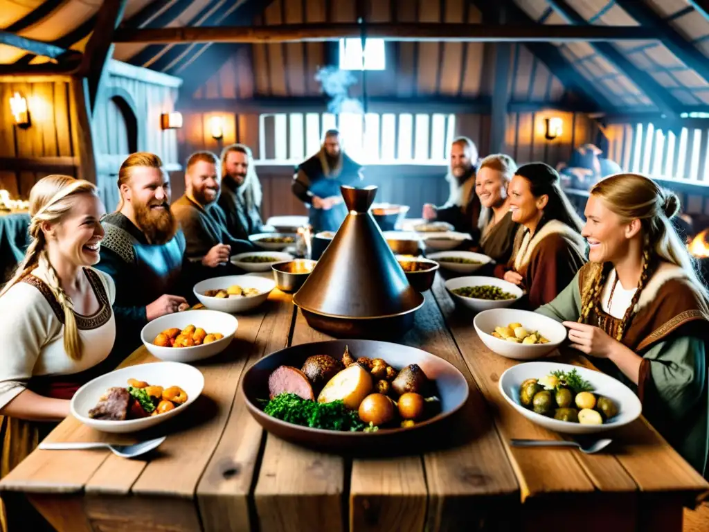 Una festín vikingo tradicional en una cálida casa de madera, con guerreros y doncellas disfrutando de manjares nórdicos