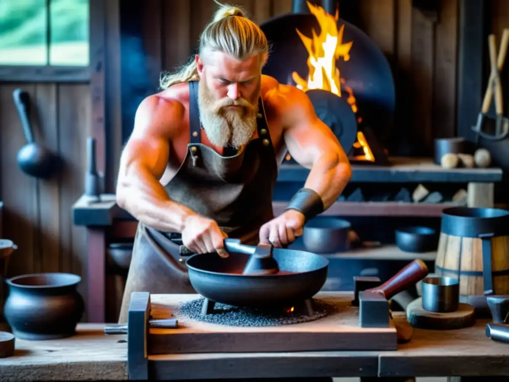 Un hábil herrero vikingo forja una sartén tradicional rodeado de herramientas en una fragua iluminada, reflejando la metalurgia en la cocina vikinga