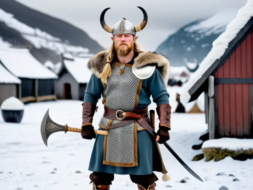 Vikingo con traje típico vikingo reconstrucción indumentaria en paisaje nevado