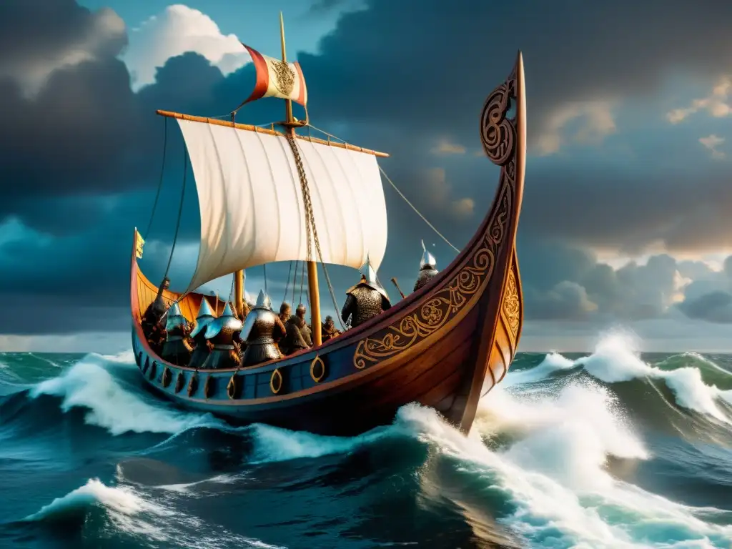 Un vikingo valiente surca mares turbulentos en un barco adornado con dragones y guerreros nórdicos, destacando el Curso exprés de antiguo nórdico