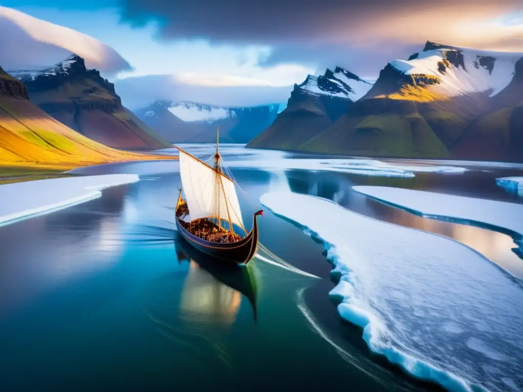 Un Vikingo vela por las Rutas vikingas en Islandia hoy, entre montañas nevadas y auroras boreales danzantes