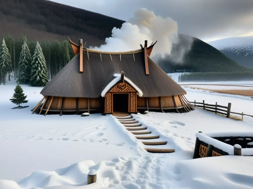 Vikingo vivienda de madera y paja en paisaje nevado, reflejando la arquitectura de viviendas vikingas resistente a la intemperie