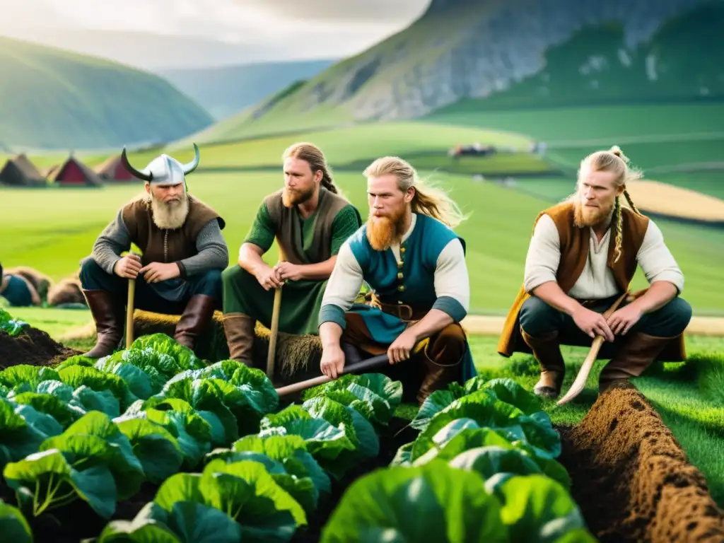 Vikingos practicando agricultura sostenible en la era vikinga, en un paisaje nórdico sereno