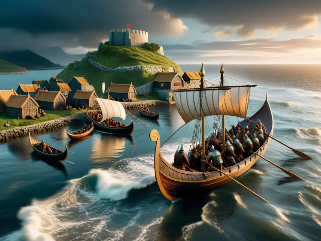 Vikingos atacan aldea costera: ilustración detallada Vikingos desembarcan en aldea costera bajo cielo dramático, reflejando las tensiones de aventuras vikingas