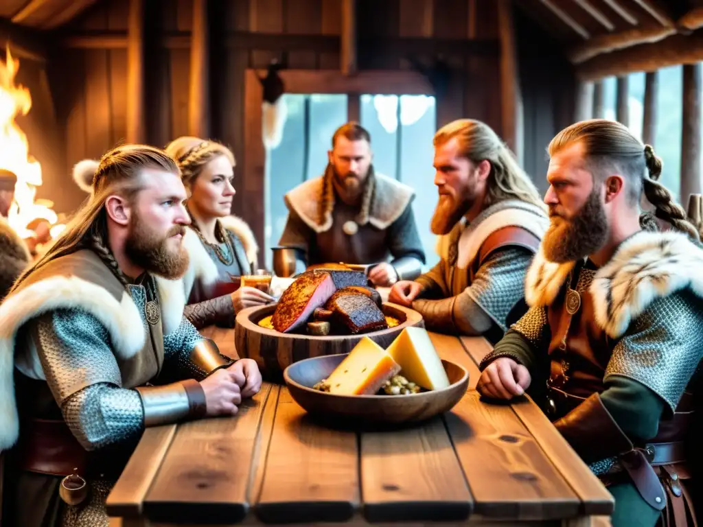 Vikingos disfrutando de alimentos tradicionales en un salón iluminado con antorchas