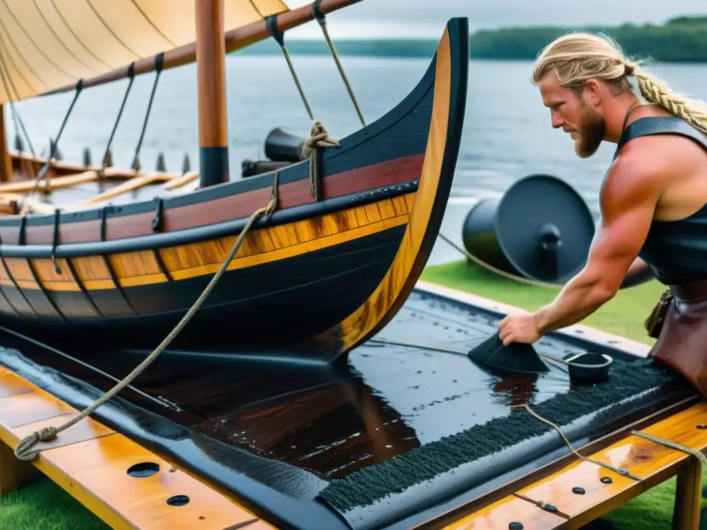 Vikingos aplicando alquitrán para impermeabilizar un barco vikingo