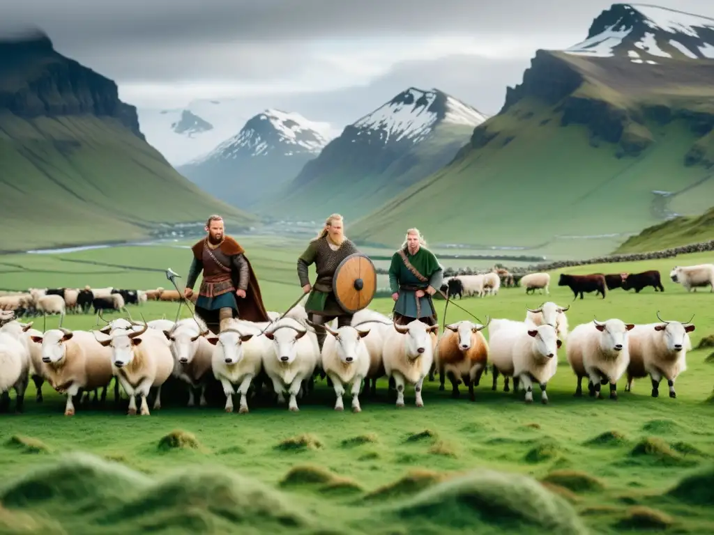 Vikingos pastoreando animales domésticos en la era vikinga a través de un paisaje exuberante con montañas nevadas de fondo