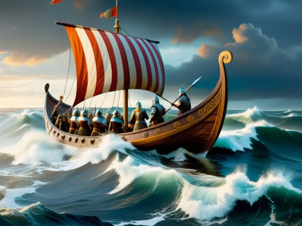 Vikingos en arte estratégico vikingo, listos para batalla en su larga nave, bajo un cielo dramático y olas turbulentas