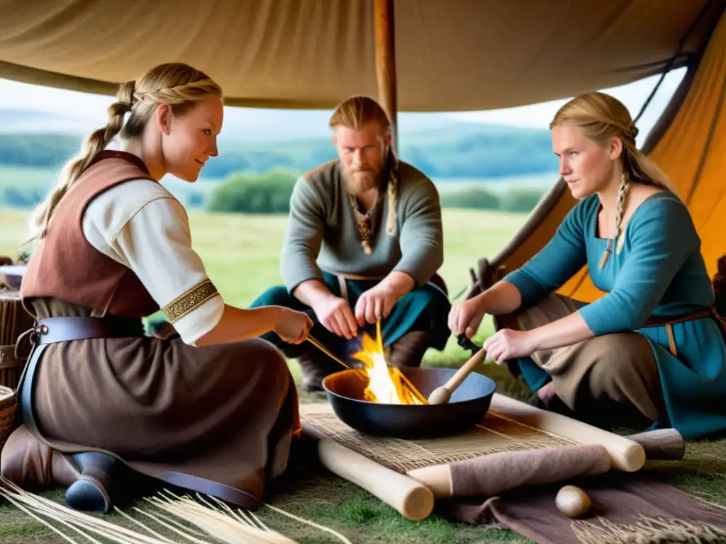 Vikingos practicando artes domésticas vikingas para vida cotidiana en ambiente rústico