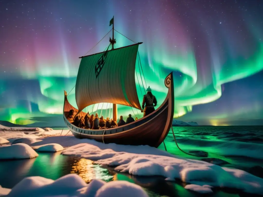 Vikingos surcando la aurora boreal con un músico y runas brillantes, evocando el Poder de la poesía en mitología nórdica