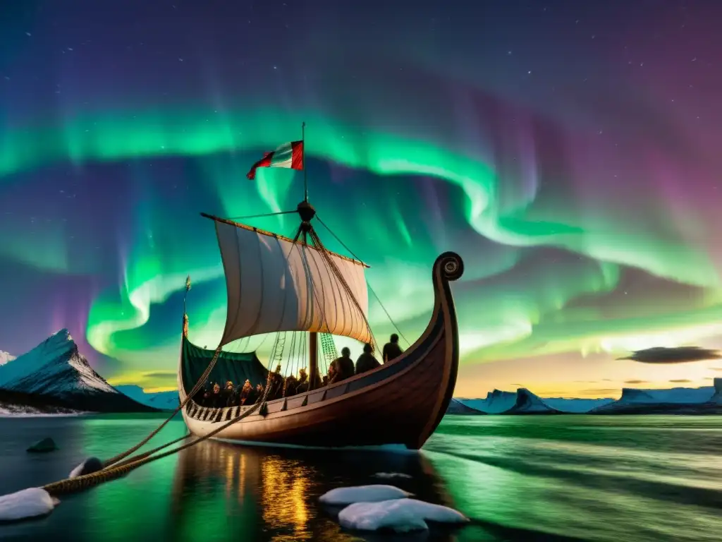 Vikingos navegando bajo auroras boreales, destacando alianzas políticas vikingas, conflicto y concordia