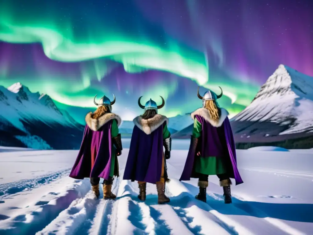 Vikingos admirando las Auroras Boreales en un paisaje nevado