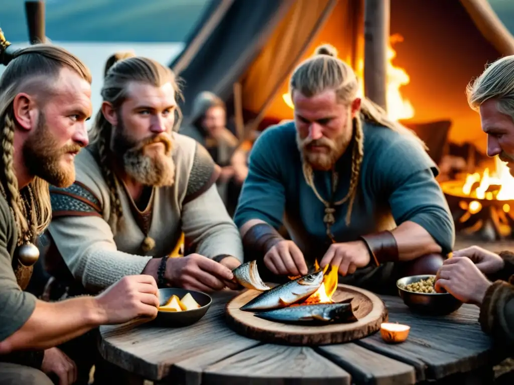 Vikingos disfrutando de un banquete de pescado seco alrededor de una hoguera