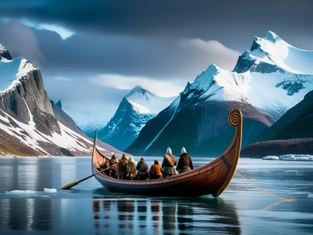 Vikingos en un barco navegando en aguas heladas rodeados de montañas nevadas, con un cielo tormentoso y auroras boreales al fondo