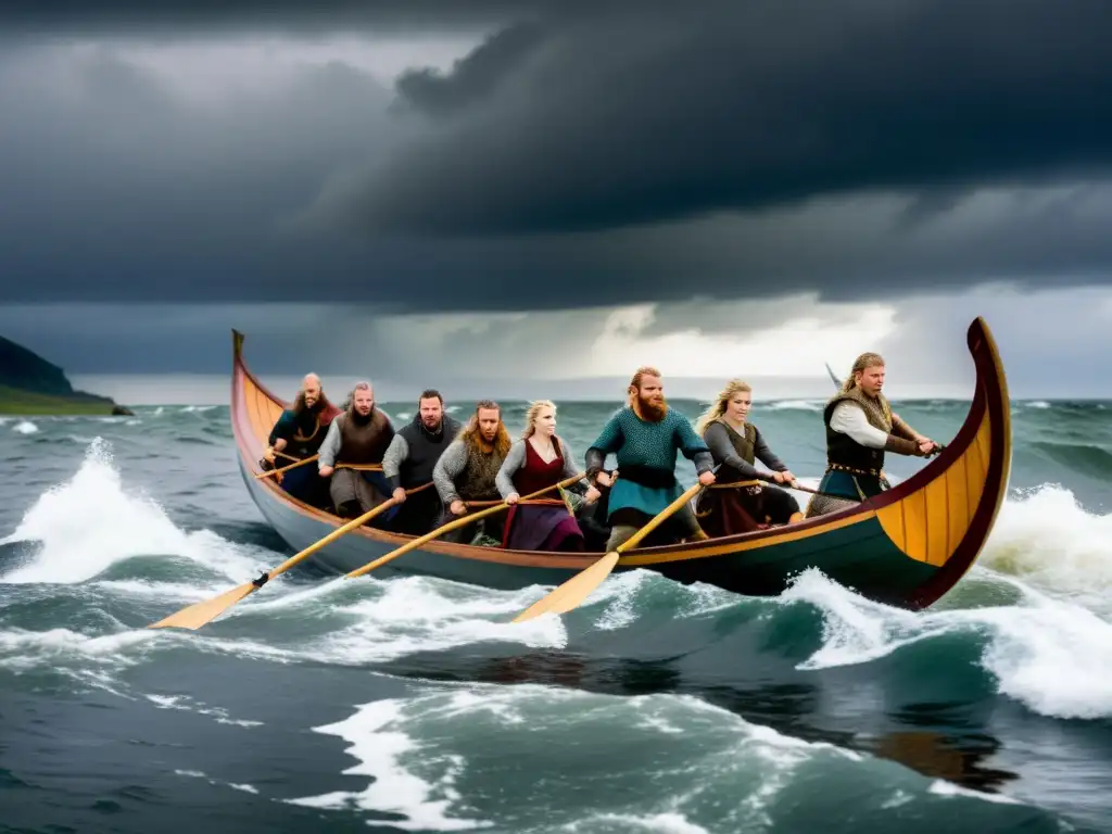 Vikingos en barco, navegando en aguas turbulentas, mostrando su vida diaria y conexión con el mar