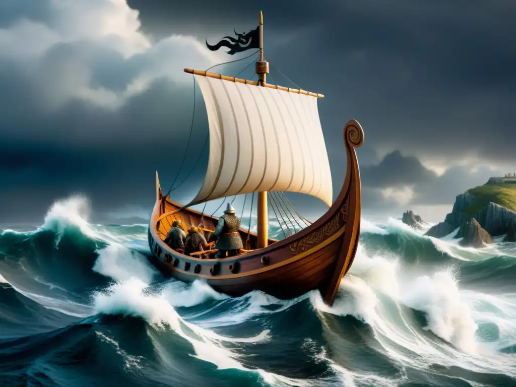 Épica travesía vikinga en aguas turbulentas Vikingos navegando en barco por aguas turbulentas con guerreros fieros y paisaje misterioso