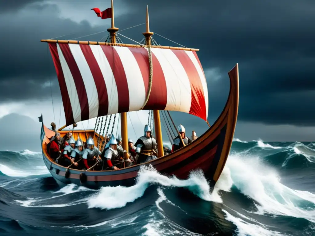 Vikingos en un barco, con armaduras y velas ondeando, en medio de una tormenta