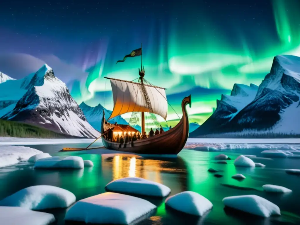 Vikingos en un barco bajo la Aurora Boreal, preparándose para la batalla en un escenario épico