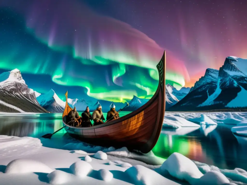 Vikingos navegando en un barco bajo las Auroras Boreales en un paisaje helado