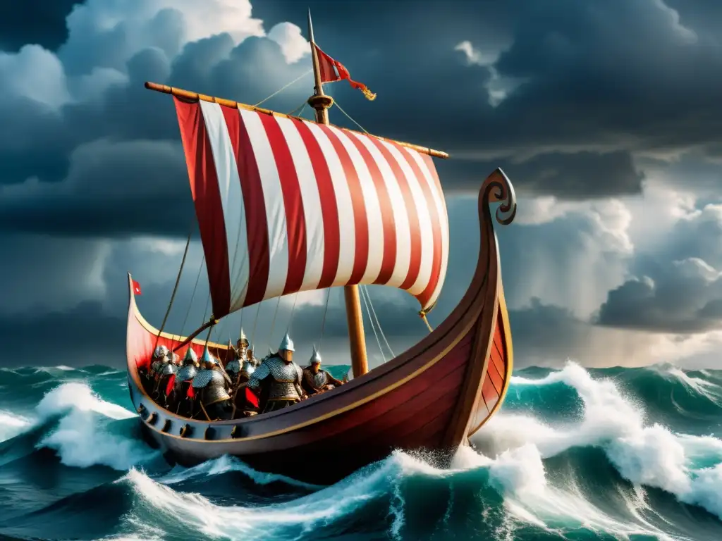 Vikingos en un barco con dragones navegando en mares turbulentos bajo un cielo tormentoso