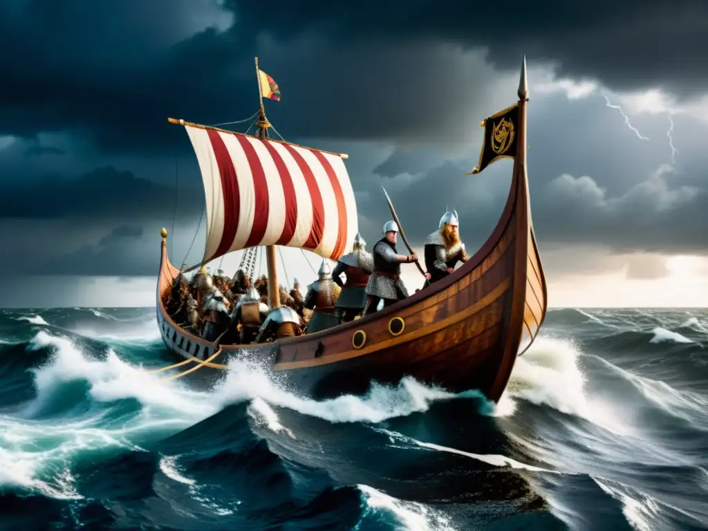 Vikingos en barco de guerra con estrategias y armamento de guerra vikinga luchando en tormenta