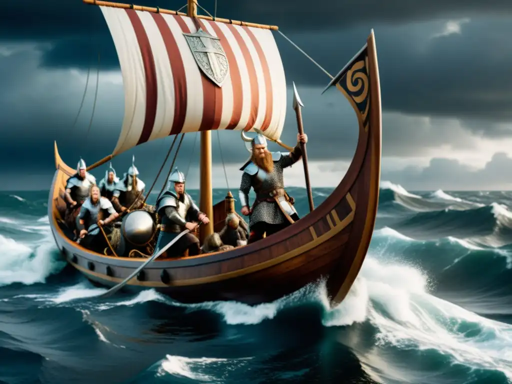 Vikingos en un barco de guerra surcando mares tempestuosos