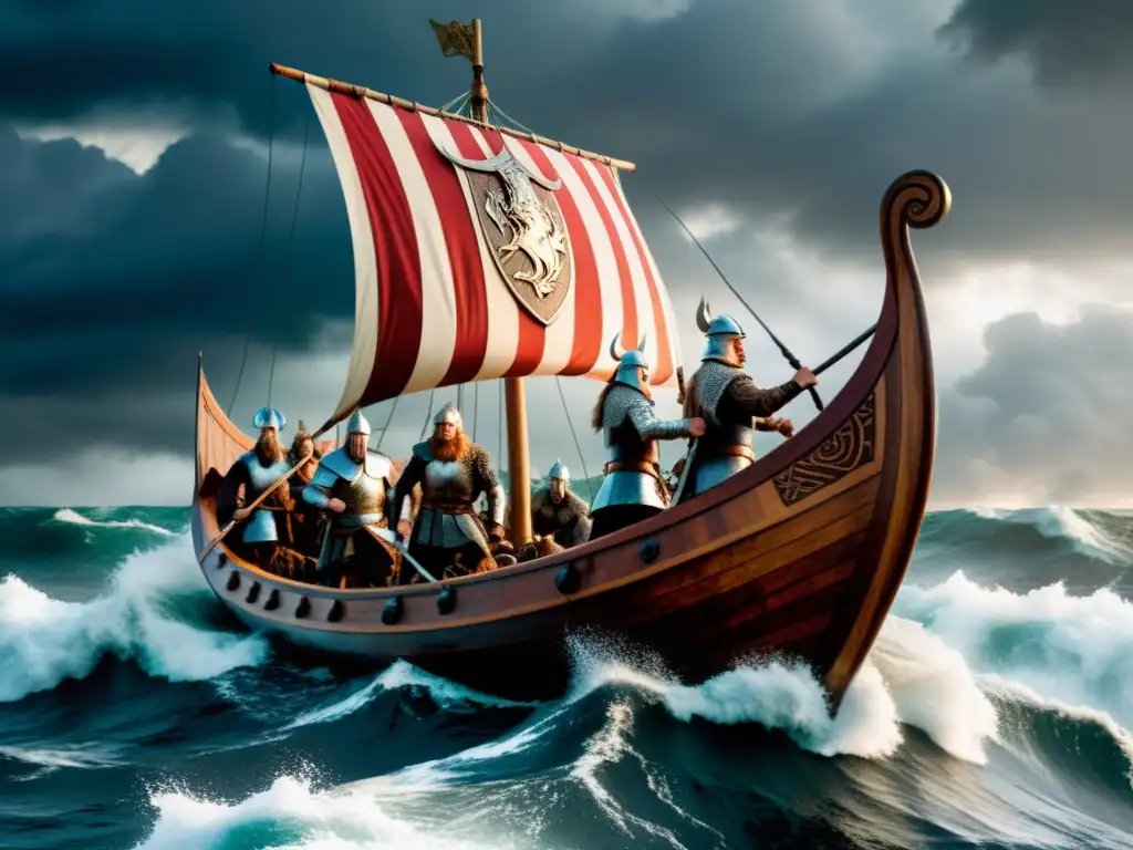 Vikingos en barco de guerra, navegando en mares tempestuosos con guerreros y escudos