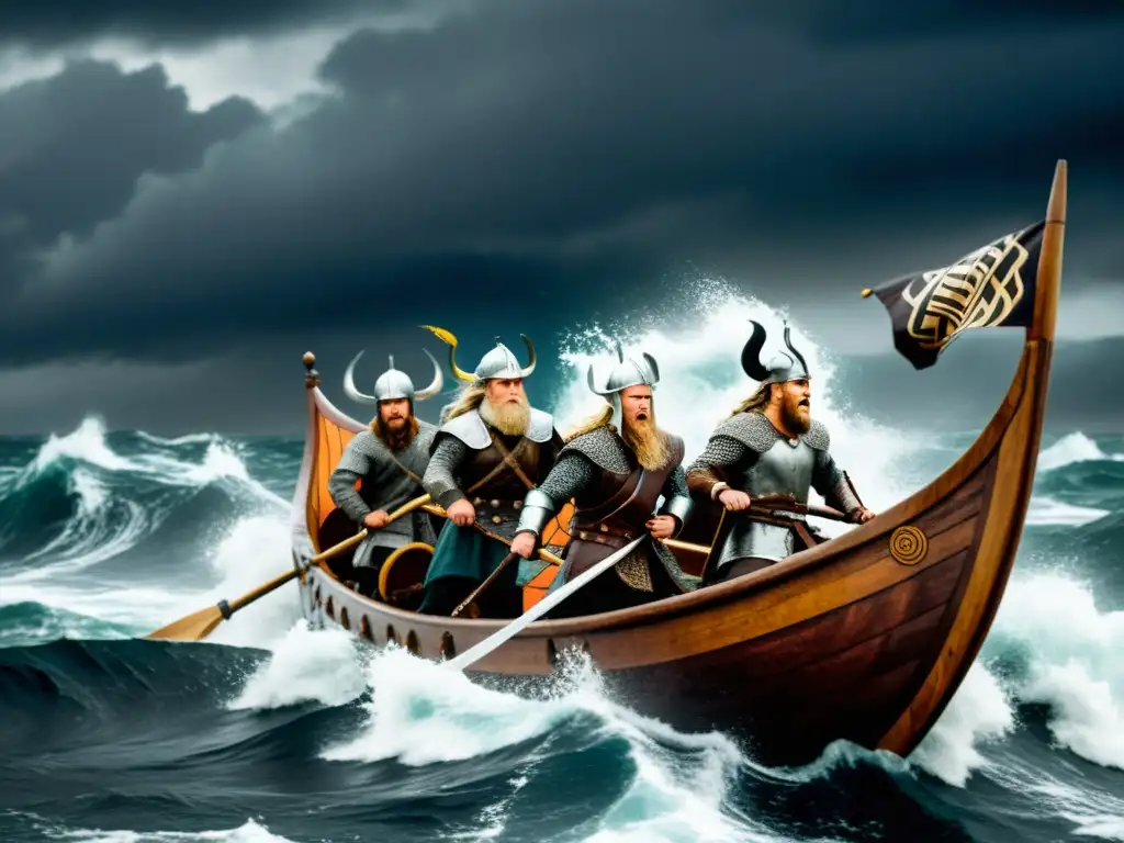 Vikingos en barco navegando por mares tormentosos, reflejando la influencia vikinga en reinos nórdicos