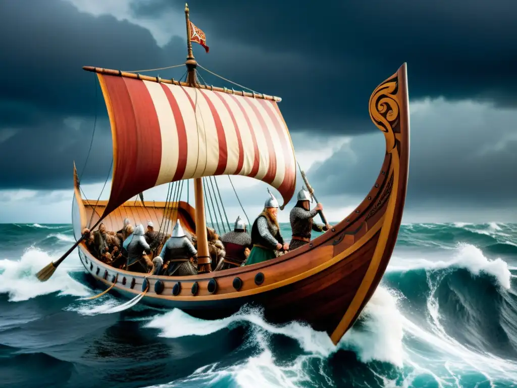 Vikingos en barco, navegando en mares tormentosos con guerreros, aprende historia vikinga con apps