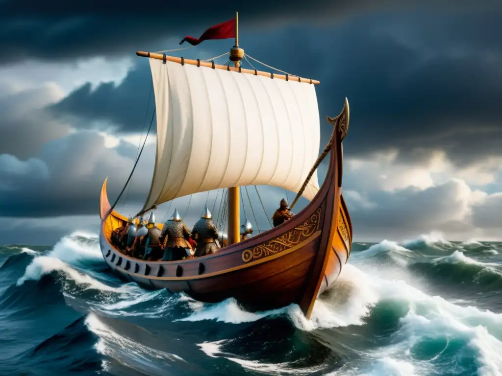 Vikingos en un barco navegando por mares turbulentos, mostrando el impacto histórico de las expediciones vikingas