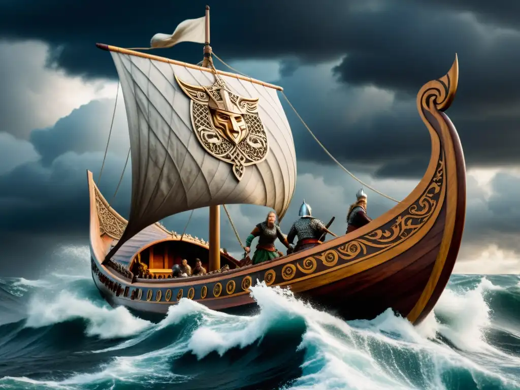 Vikingos en un barco con simbología y escritura era vikinga surcando mares turbulentos bajo un cielo dramático