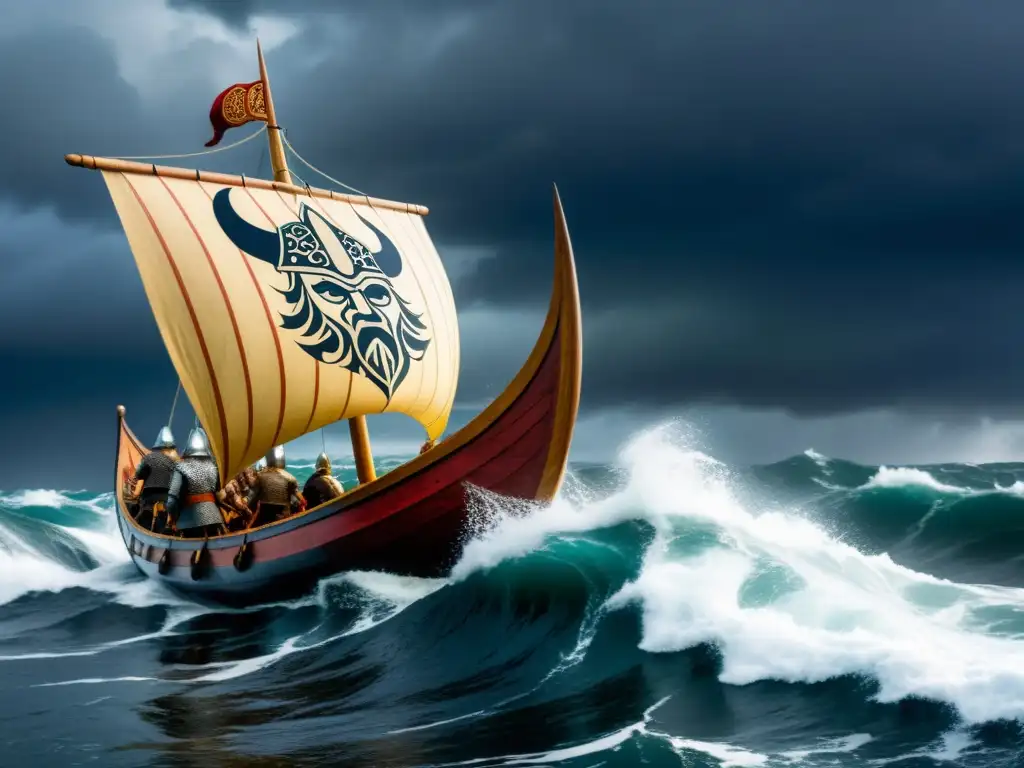 Vikingos navegando en barco bajo tormenta, mostrando el impacto histórico de las expediciones vikingas