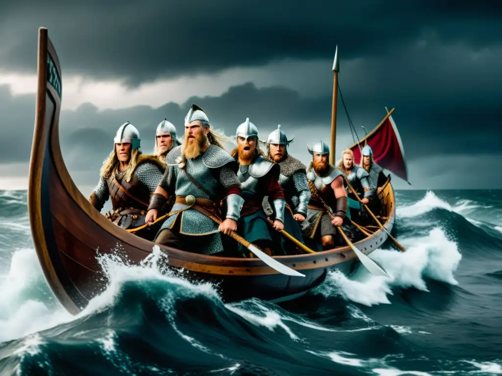 Vikingos navegando en barco en tormenta, sus rostros fieros y armaduras detalladas reflejan su odisea