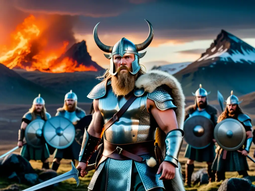 Vikingos en la batalla del Ragnarök, expresiones de determinación y resignación