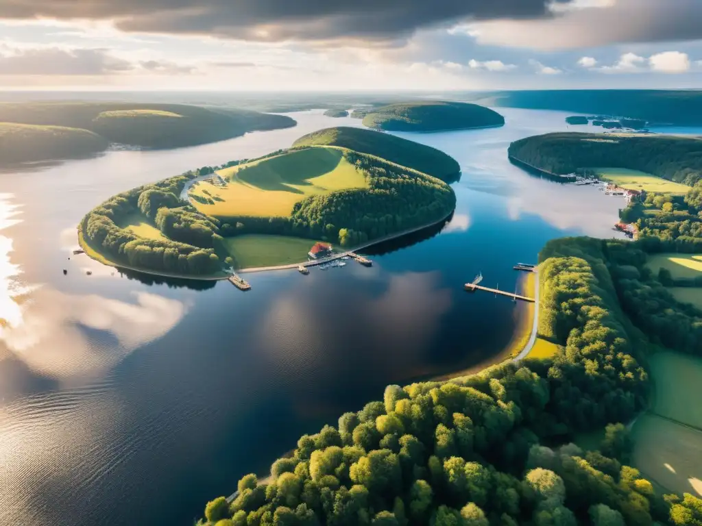 Vikingos en Escandinavia: Puerto de Birka con paisaje sereno, barcos largos y bosques